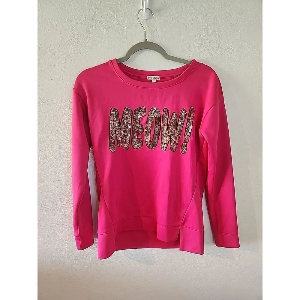 Juicy Couture Womens Small Pink Meow Sequined Pullover Top Sweatshirt Cat